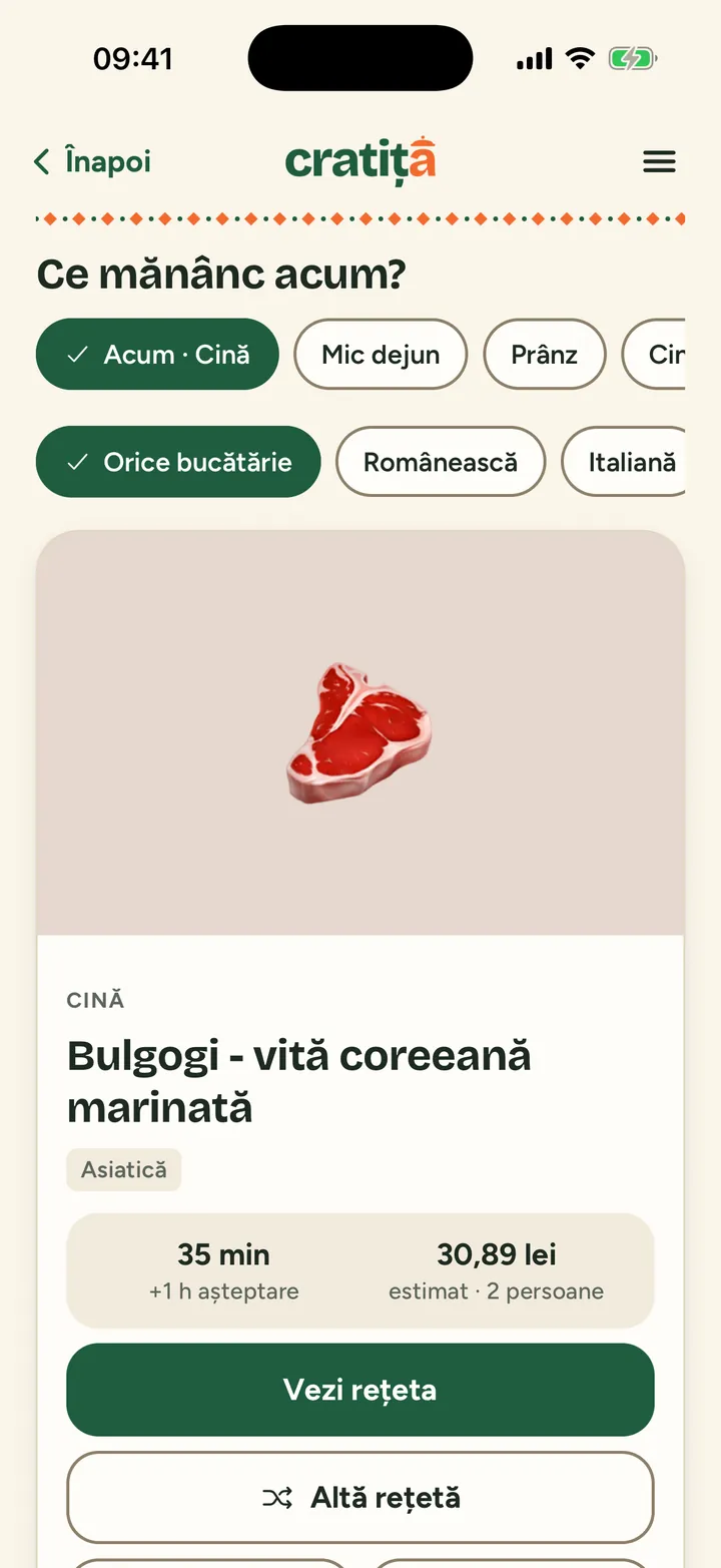 The “What do I eat now?” screen in Cratița (in Romanian): a dinner suggestion with time and estimated cost.