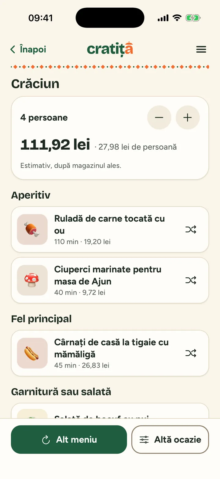 The Christmas menu in Cratița (in Romanian) for 4 people: an estimated 111.92 lei, with a starter, a main course and a side.
