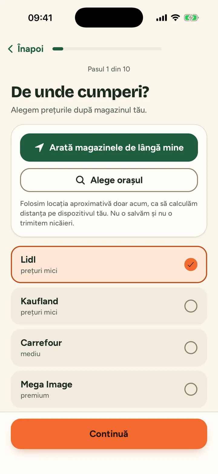 The “Where do you shop?” step in Cratița (in Romanian): the list of stores, with Lidl selected.