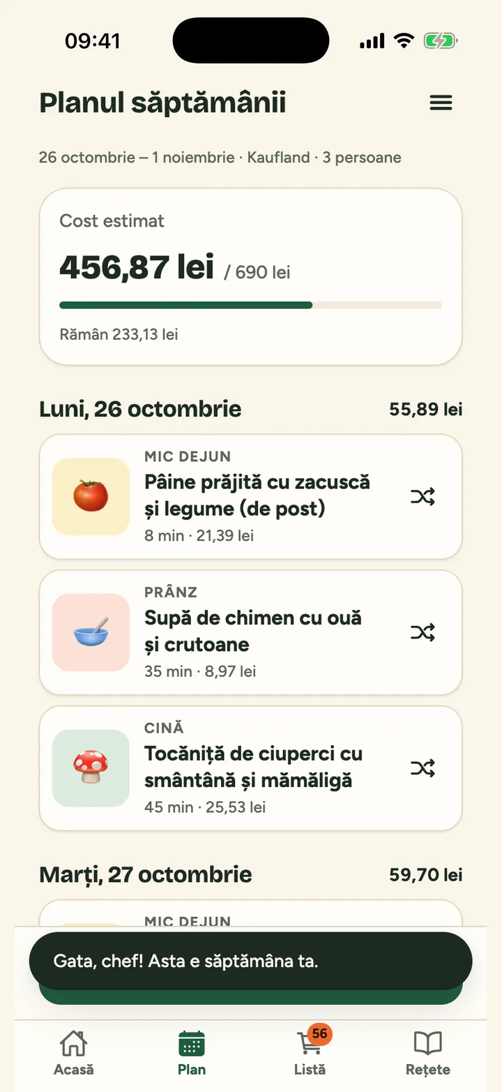 The weekly plan in Cratița (in Romanian): 26 October – 1 November, Kaufland, 3 people, an estimated 456.87 lei out of 690 lei; Monday: toast with zacuscă, caraway soup, mushroom stew with polenta.