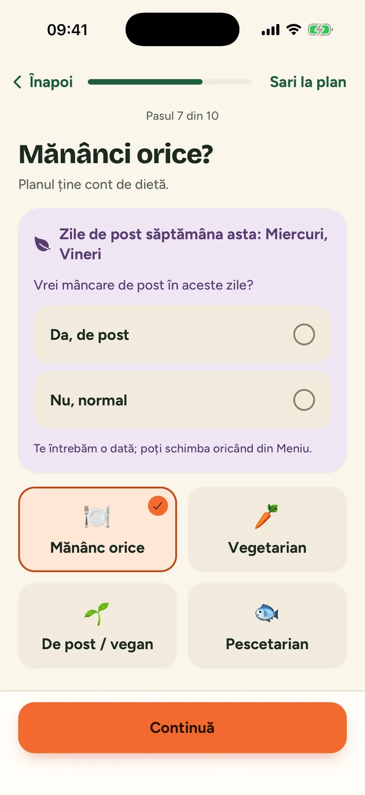 The diet step in Cratița (in Romanian): “Fasting days this week: Wednesday, Friday. Do you want fasting food on these days?”